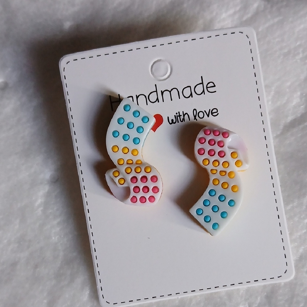 Handmade White Resin Statement Earrings with Pink, Yellow & Blue Dots